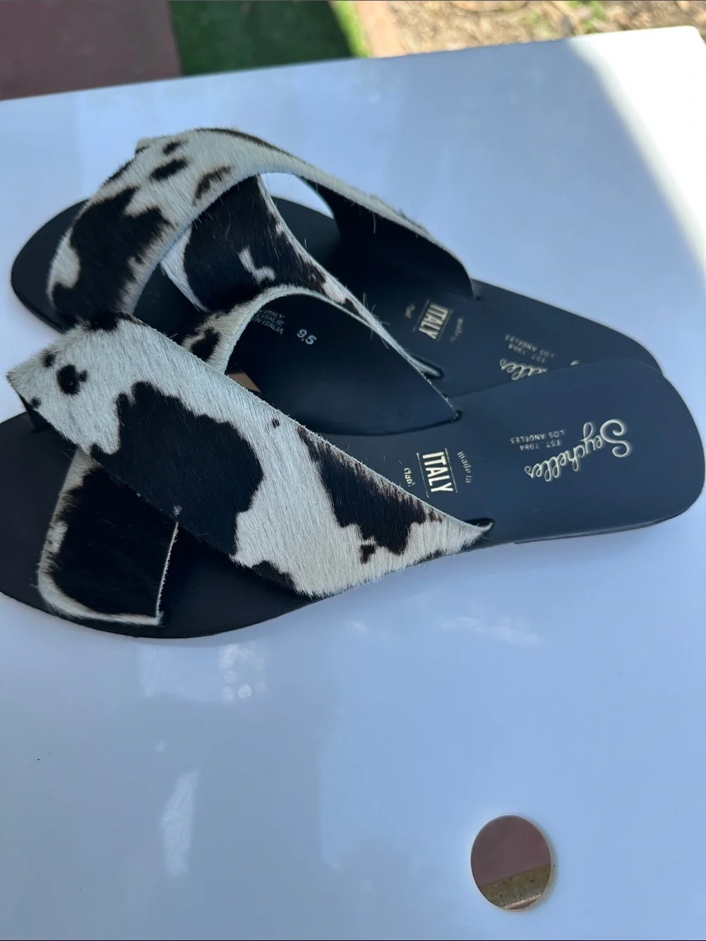 Seychelles Black and White Cowhide Crossband Slides